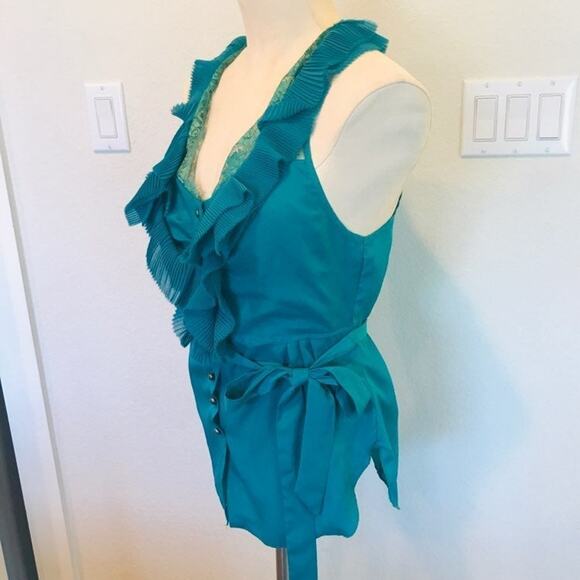 Layered Ruffle Teal Button up wrap sleeveless lightweight Blouse womens small - Picture 5 of 6